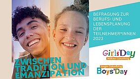 Ein Junge und ein Mädchen auf dem Titel einer Befragung zum Girls'Day und Boys'Day 2023.