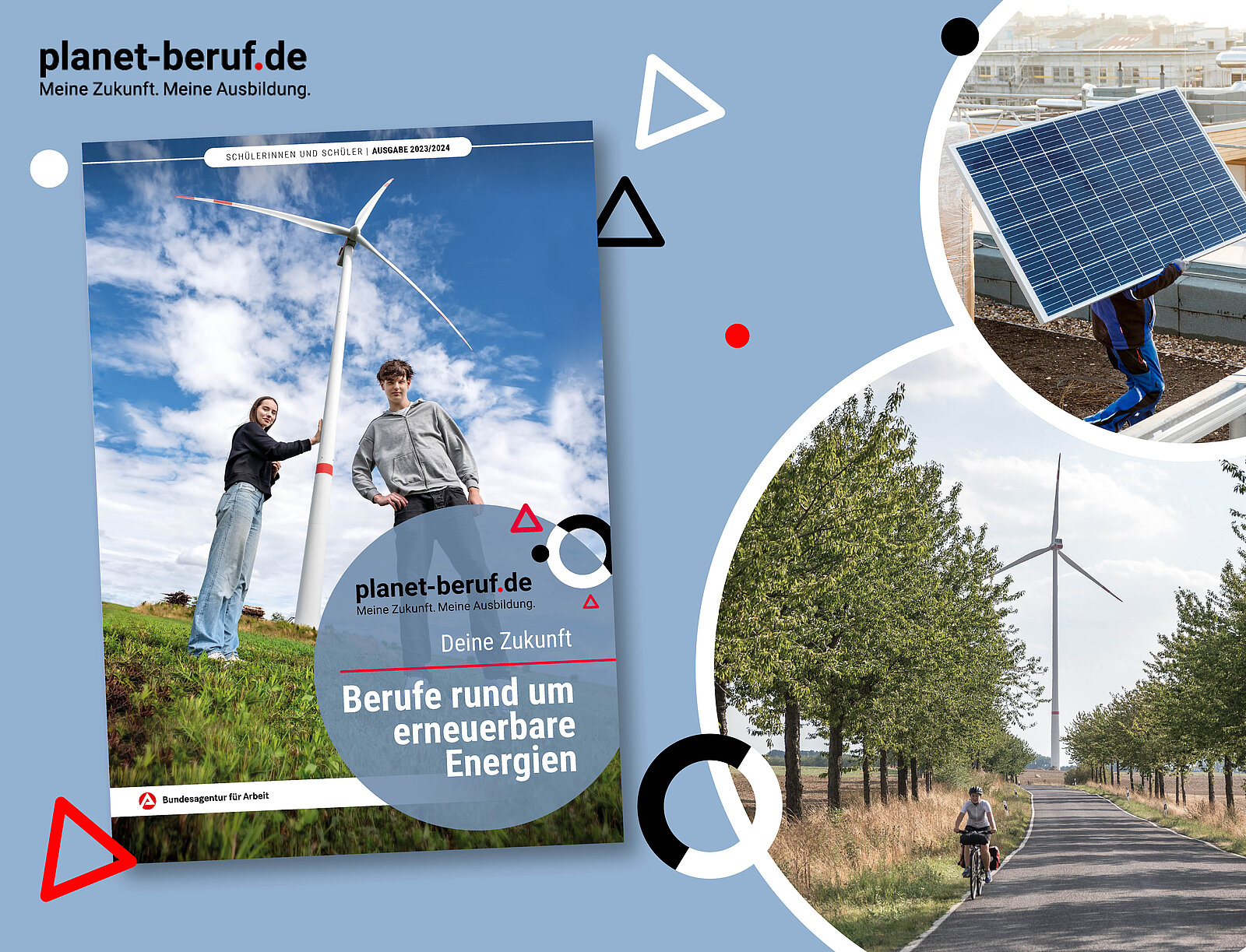  Collage des Heft-Covers sowie ein Solar-Panel und eine Frau fährt auf einer Allee Fahrrad.