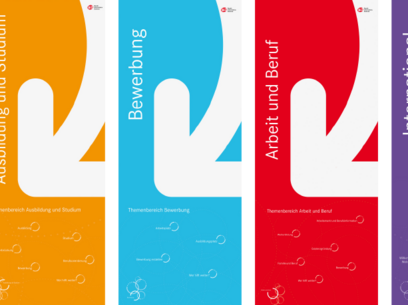 Die Logos der vier Themeninseln jeweils in orange, blau, rot und lila.