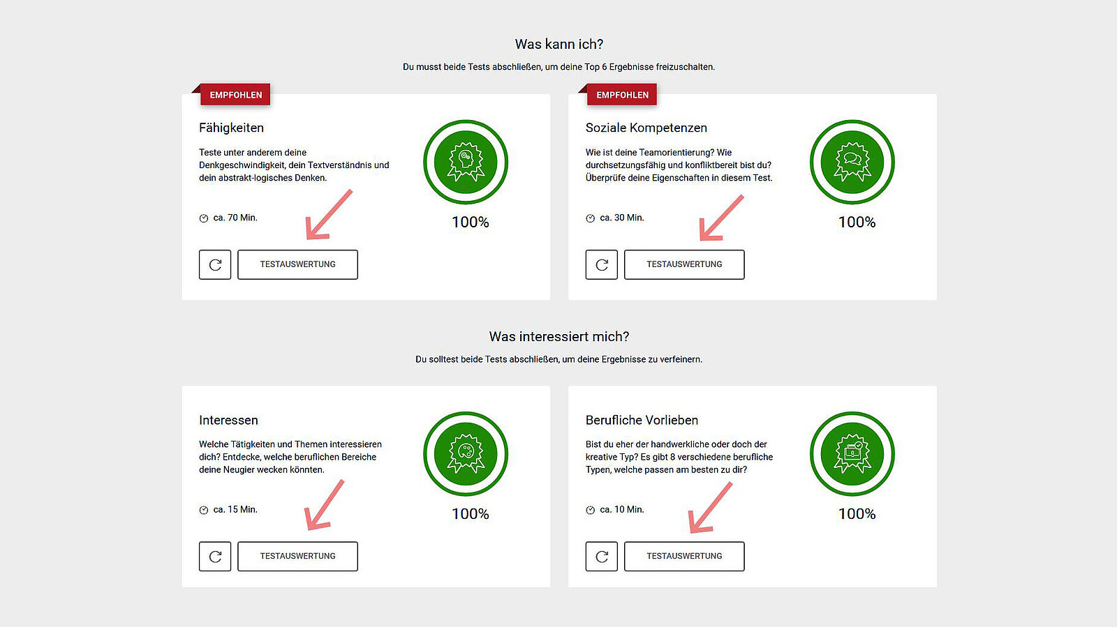 Screenshot der vier Testauswertungen von Check-U mit Pfeilen, die auf die jeweiligen Tests zeigen