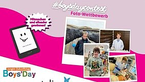 Der Fotowettbewerb #boysdaycontest zeigt eine Collage von Jungen in ihren Boys'Day-Berufen.