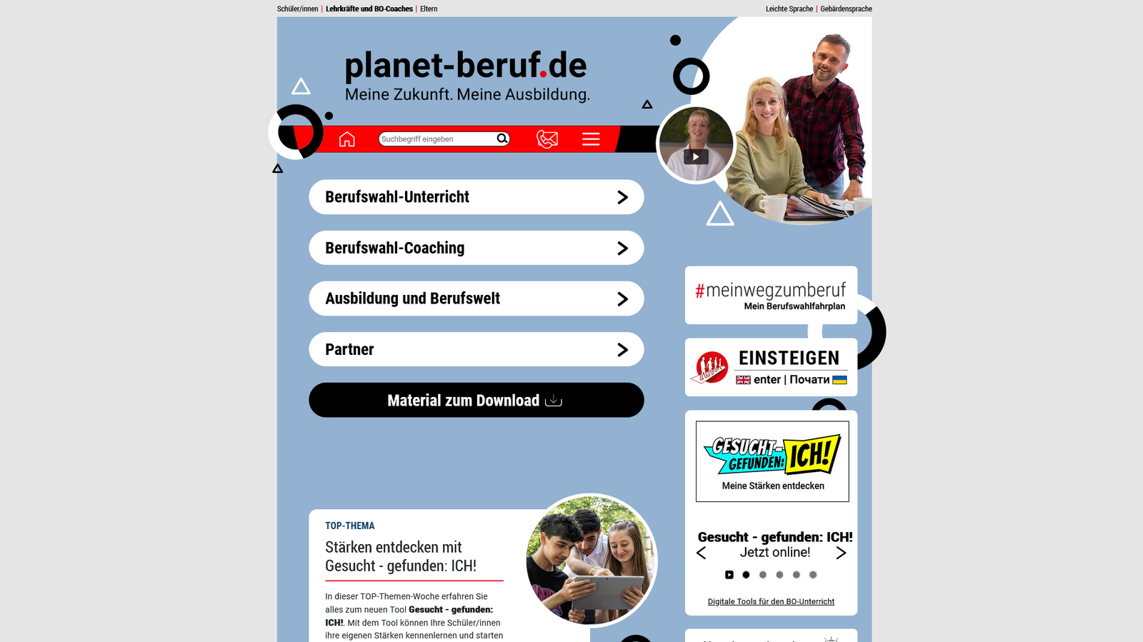 Screenshot der Startseite für Lehrkräfte und BO-Coaches von planet-beruf.de