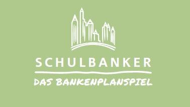 Logo zum Planspiel SCHULBANKER, das Bankenplanspiel, mit einigen gezeichneten Hochhäusern. 