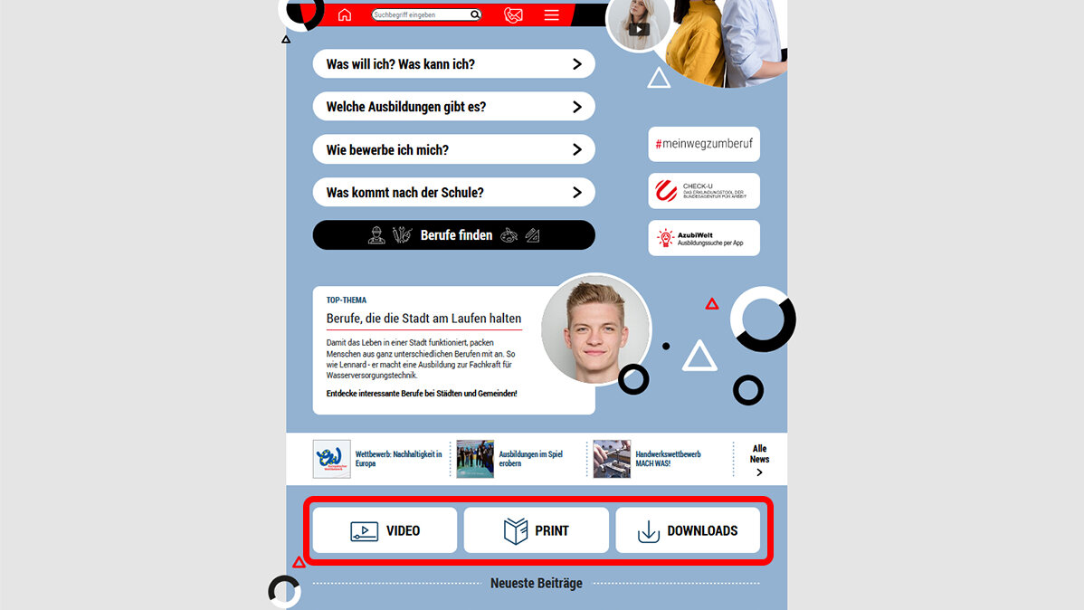 Startseite des Schüler*innen-Portals mit markierten Stellen.