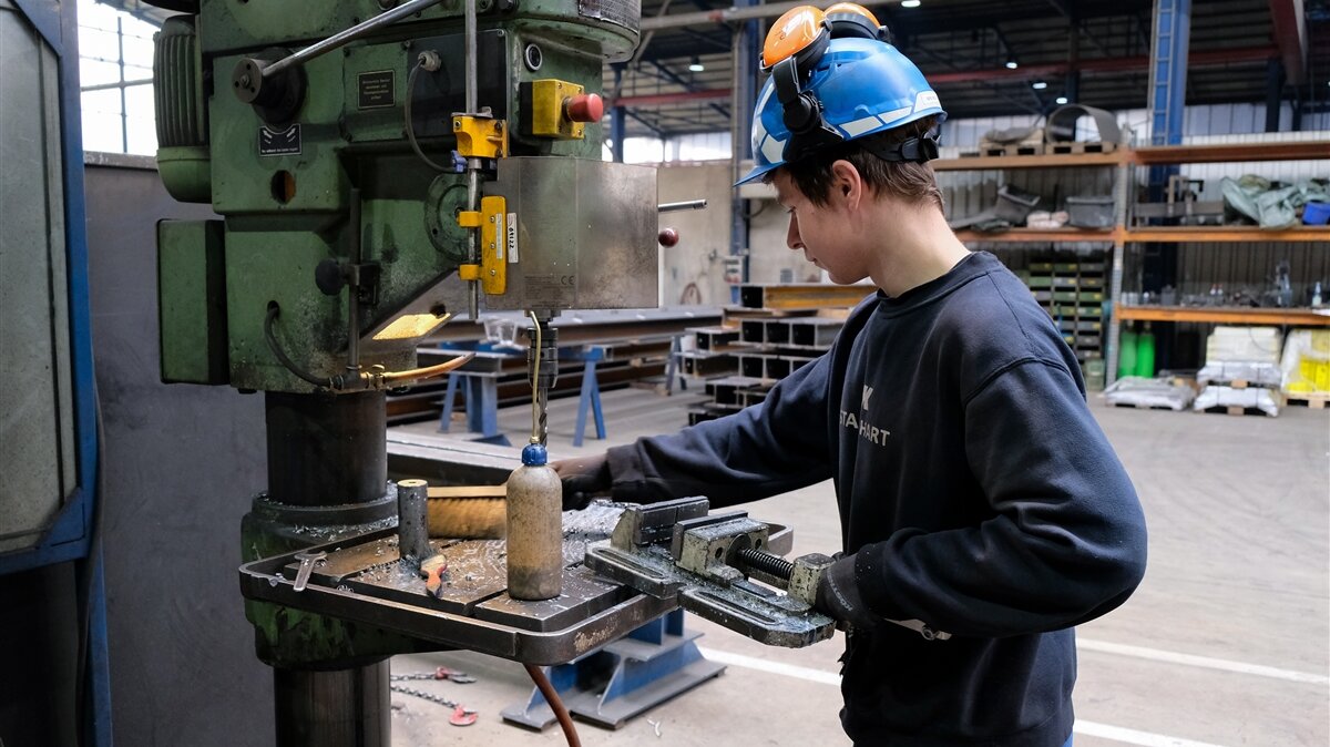 Max kehrt Metallspäne von der Standbohrmaschine. 