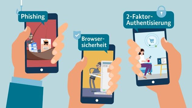 Drei Handys mit Themen zur Cybersicherheit: Phishing, Browsersicherheit, 2-Faktor-Authentisierung.