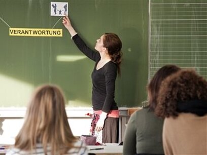 Eine Lehrerin zeigt einer Schulklasse etwas an der Tafel.