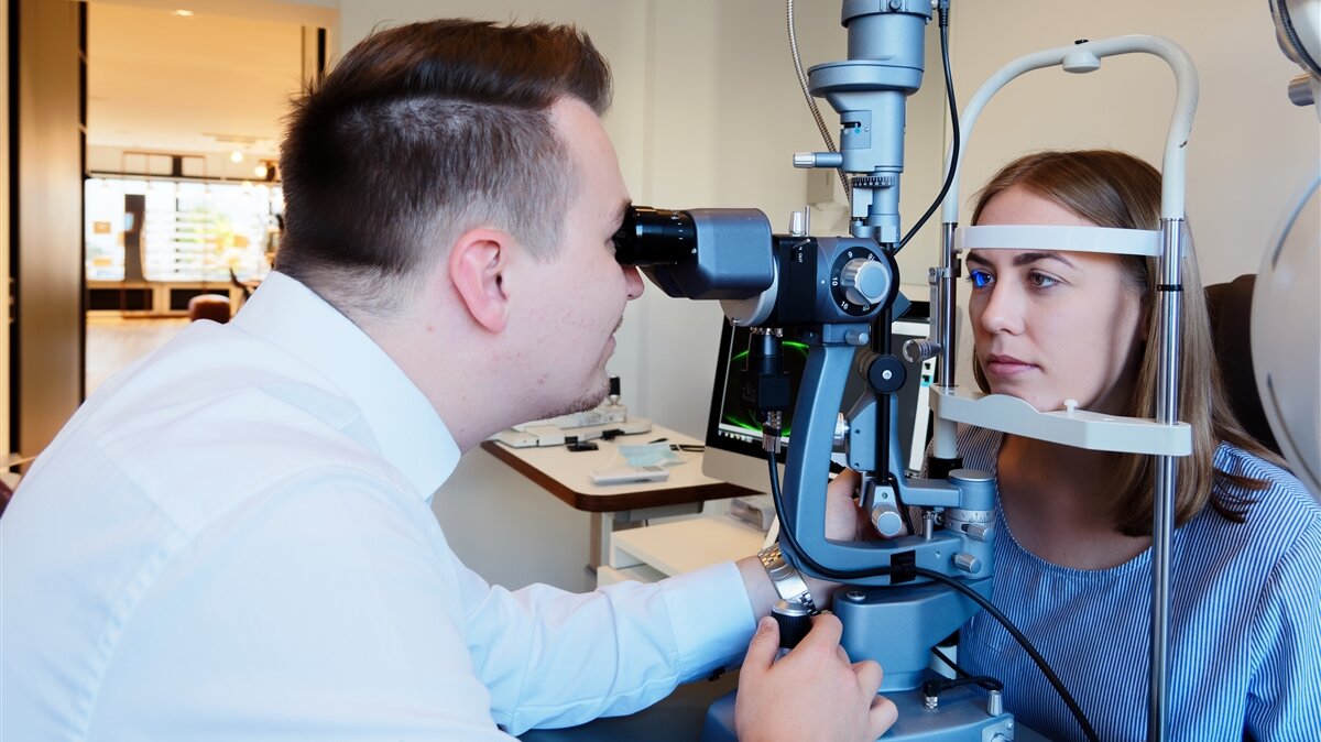 Ein junger Mann untersucht die Augen einer Patientin mit Hilfe eines medizinischen Gerätes.