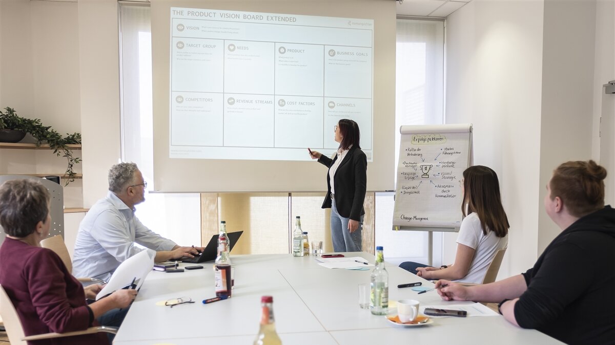 Eine junge Frau hält einen Vortrag mithilfe einer Präsentation auf einer Leinwand sowie eines Flipcharts vor vier Menschen.