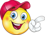 Planny B, ein Smiley mit roter Kappe, deutet mit dem Finger nach rechts.
