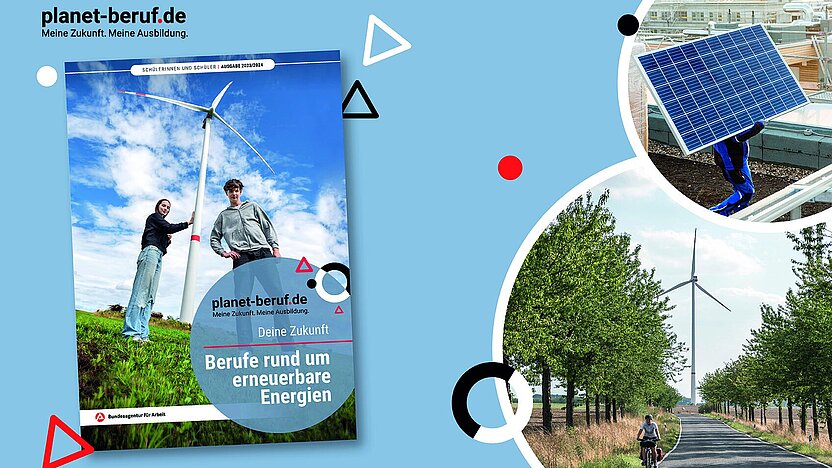 Titel Magazin Rund um erneuerbare Energien, Windrad mit zwei Jugendlichen, Solarelement, Radfahrer.