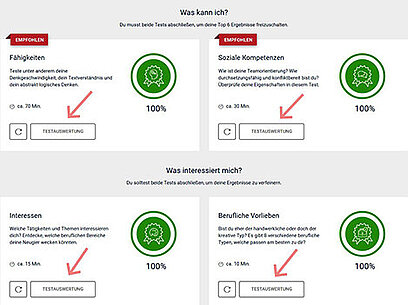 Screenshot der Überblicksseite der vier Module von Check-U mit den Buttons Testauswertung