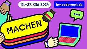 Logo mit Text bw.codeweek.de und eine Hand am Laptop laden zum Mitmachen beim Coden ein. 