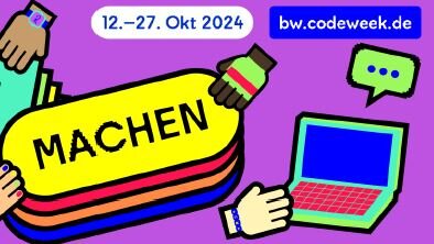 Logo mit Text bw.codeweek.de und eine Hand am Laptop laden zum Mitmachen beim Coden ein. 