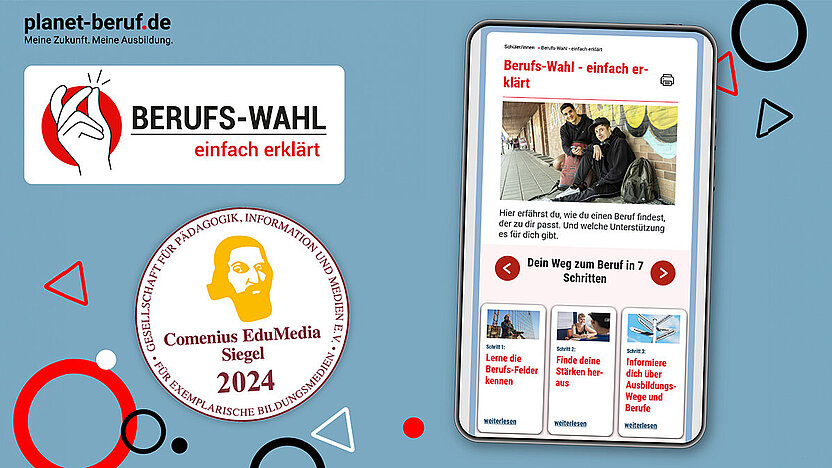 Collage aus Comenius Siegel 2024, Logo und Webseite von Berufswahl - einfach erklärt.