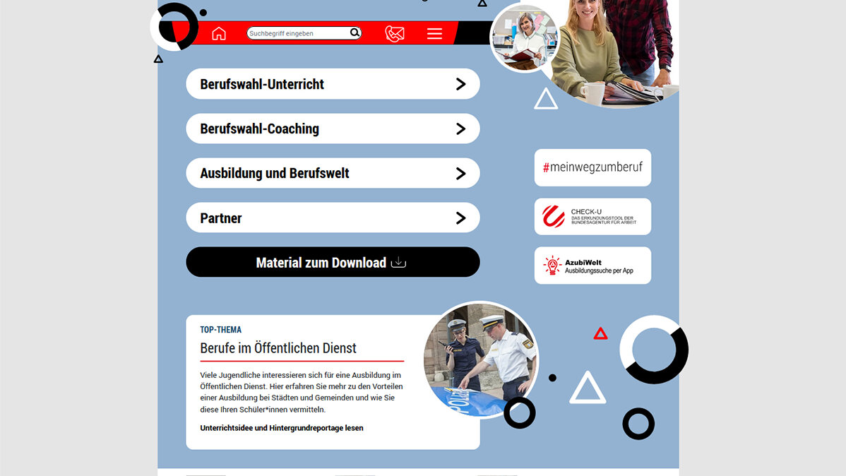Screenshot der Startseite des Portals für Lehrkräfte und BO-Coaches von planet-beruf.de