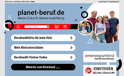 Screenshot der Startseite des Elternportals auf planet-beruf.de.