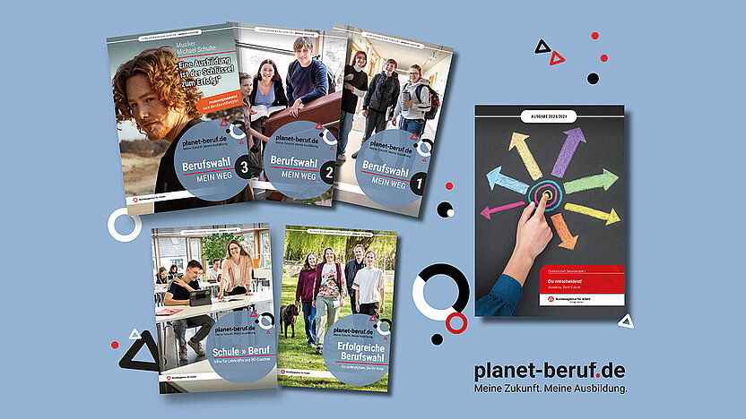 Sechs Titelbilder der neuen Print-Hefte von planet-beruf.de, Ausgabe 2023/2024. 