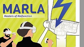 Die Grafik zum Spiel MARLA zeigt zwei Personen mit VR-Brille bei der Arbeit an einem Windrad. 