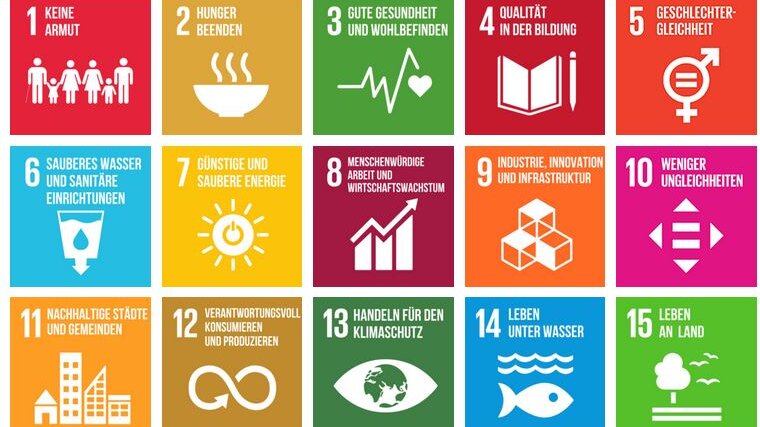 Siebzehn Ziele zur nachhaltigen Entwicklung der Vereinten Nationen, gezeigt auf bunten Quadraten.