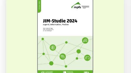 Titelbild der JIM-Studie 2024, Jugend, Internet, Medien mit vernetzten Symbolen zu digitalen Medien.