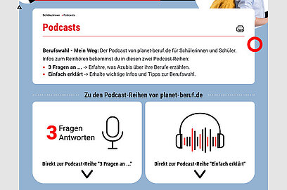 Ein Screenshot von der Startseite Podcasts für Schüler/-innen  auf planet-beruf.de. 