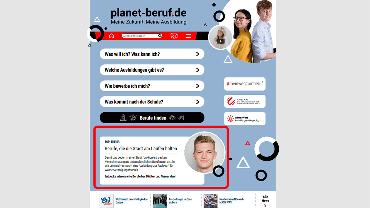 Startseite des Schüler*innen-Portals mit markierter Top-Themen-Woche.