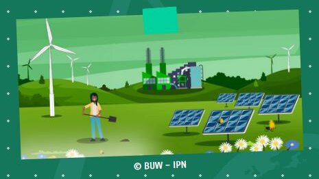 Grafik des BundesUmweltWettbewerbs mit grüner Landschaft, Windrädern und Solaranlagen.