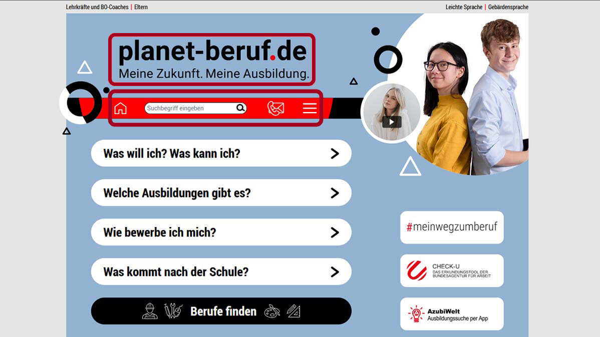 Startseite des Schüler*innen-Portals mit markiertem Logo von planet-beruf.de mit dem Text Meine Zukunft. Meine Ausbildung.