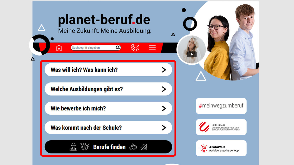 Startseite des Schüler*innen-Portals mit markierten Rubriken.