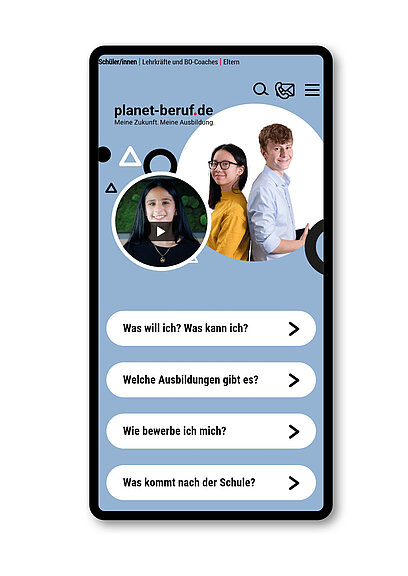 Screenshot der Startseite für Schüler/innen von planet-beruf.de auf dem Handy 