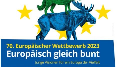 Logo zum Europäischen Wettbewerb, Europäisch gleich bunt, mit blauem Hirsch.