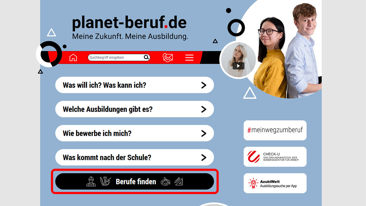 Startseite des Schüler*innen-Portals mit markierte Rubrik "Berufe finden"