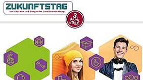 Logo vom Zukunftstag Brandenburg und ein Mädchen, ein Junge und technische, soziale Symbole.