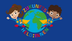 Logo des Wettbewerbs Zukunftsheldinnen zeigt die Erdkugel und zwei Figuren als Weltretter.