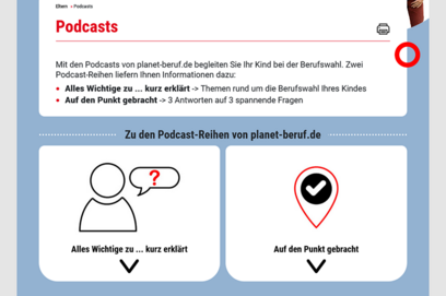 Ein Screenshot von der Startseite von den Podcasts für Eltern auf planet-beruf.de. 