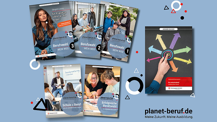 Collage mit den Titelbildern der Printhefte von planet-beruf.de, Ausgabe 2024/2025.