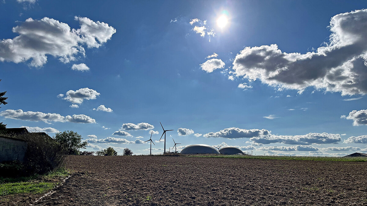 Hinter einem Acker stehen Windräder und eine Biogasanlage.