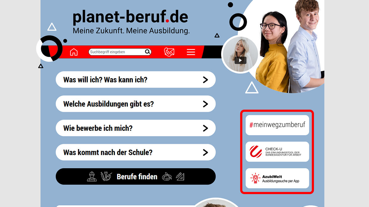 Startseite des Schüler*innen-Portals mit markierten Stellen.