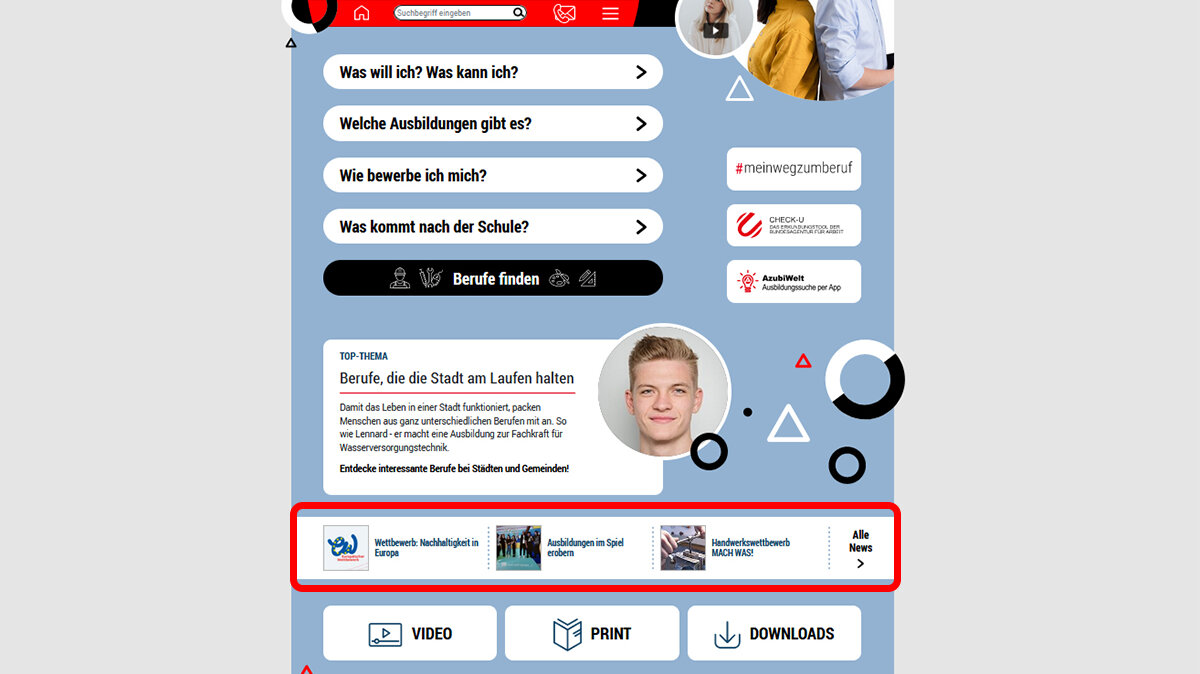 Startseite des Schüler*innen-Portals mit markierten News.