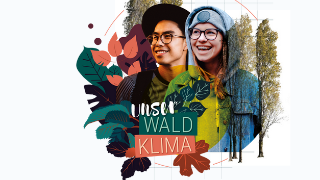 Logo des Projekts unserWaldKlima, in dem ein Junge und ein Mädchen lachen mit Bäumen im Hintergrund.