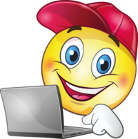 Smiley mit roter Kappe tippt am Laptop