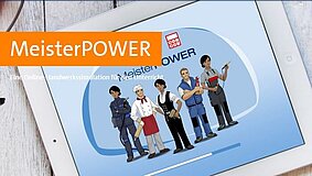 Frauen und Männer als gezeichnete Figuren zeigen in der Anwendung MeisterPower Handwerksberufe.