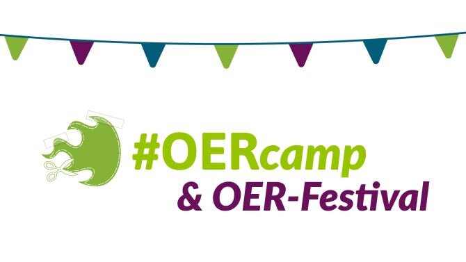 Logo OERcamp und OER-Festival unter einer Fähnchengirlande