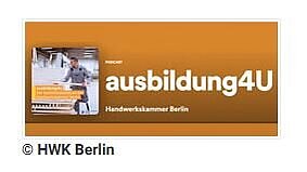 Bild: Ein Mann arbeitet in einem Handwerksbetrieb, Text: Podcast ausbildung4u der HWK Berlin.