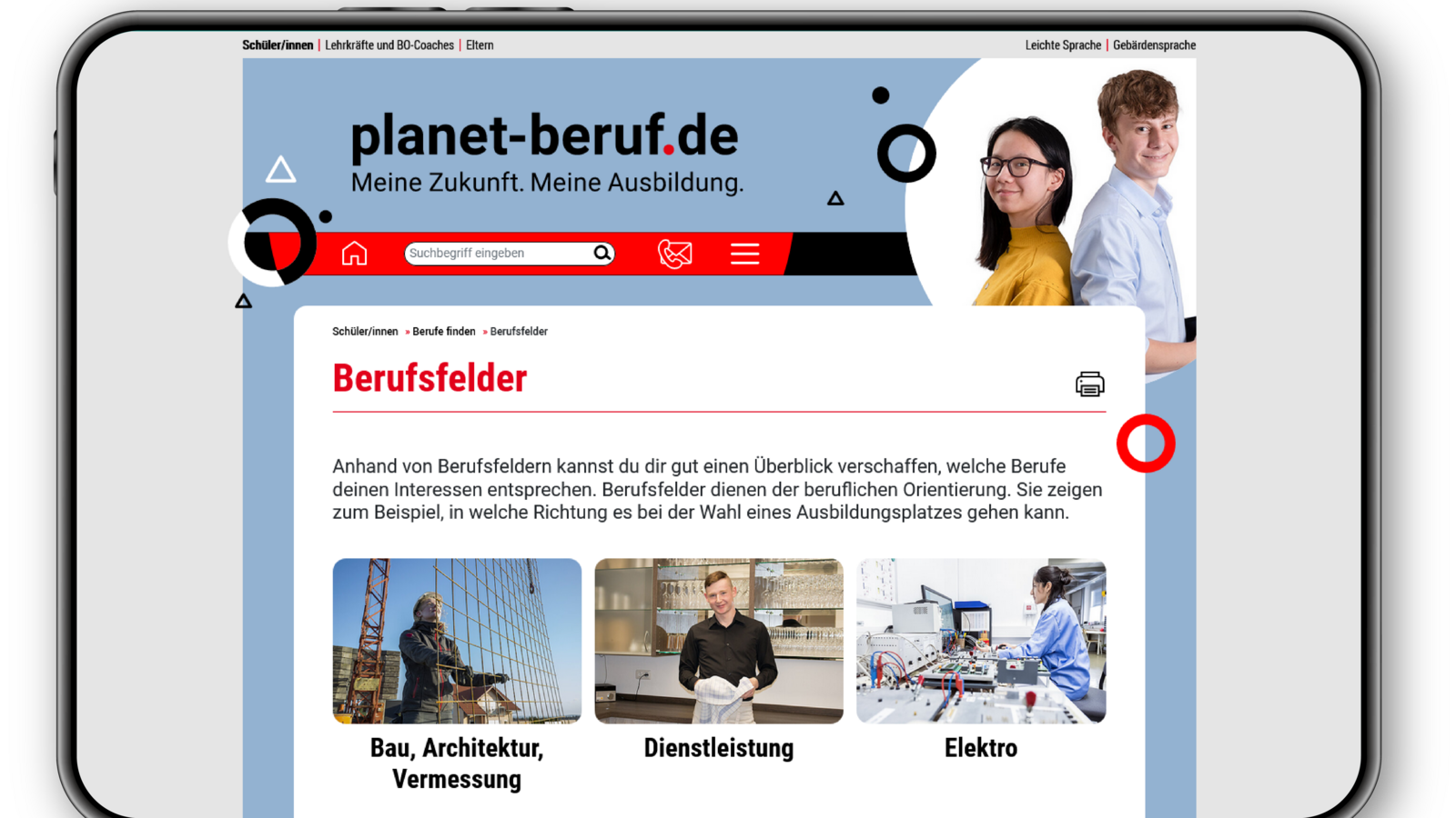 Screenshot von planet.berufe.de - Berufsfelder