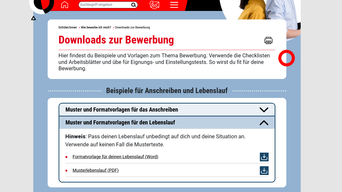 Screenshot der Seite Downloads zur Bewerbung