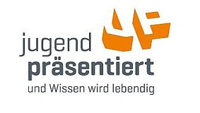 Logo zum Wettbewerb Jugend präsentiert mit Text JP - jugend präsentiert und Wissen wird lebendig.