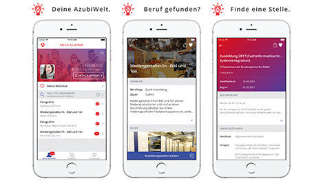 Drei Ansichten der App "Azubiwelt" auf einem Handy