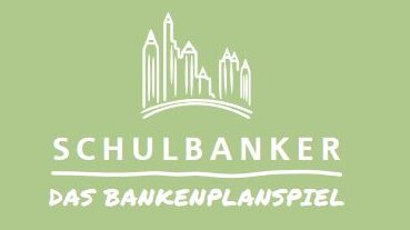 Logo des Bankenplanspiels SCHULBANKER mit Hochhäusern als Skyline in einer Grafik. 